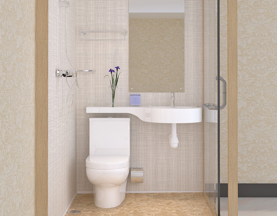Baie modulară de hotel cu pereți interiori din fibră rășină PEC și pereți exteriori din sticlă