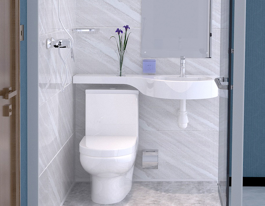 Baie integrată modulară cu perete de sticlă cu panouri interioare din fibră rășină PEC